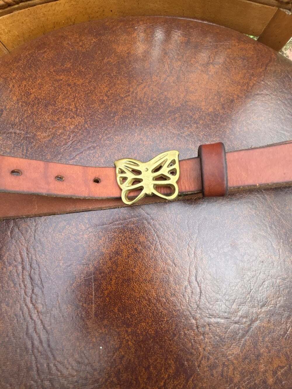 Vintage Leather Belt Brass Butterfly Size 32 Brown
